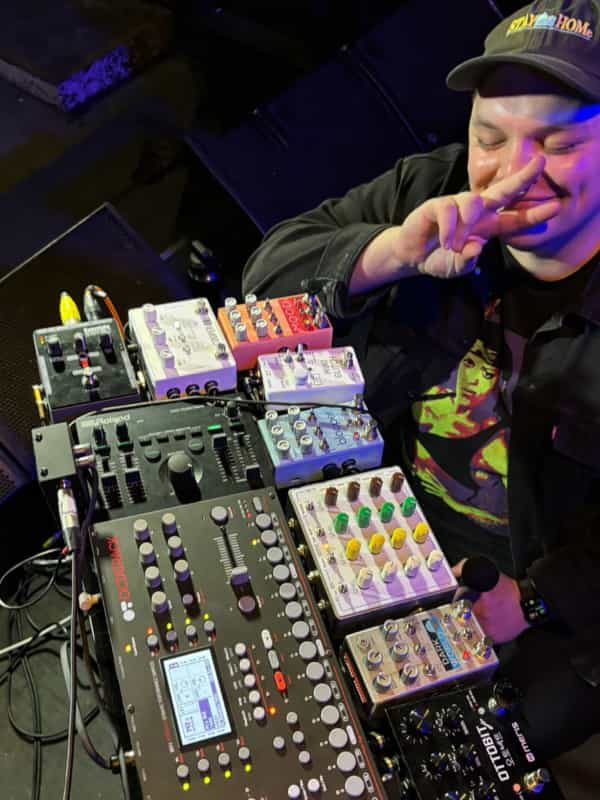 Wolfjay and their vocal pedalboard setup at Raave Tapes' Melbourne Show in late 2023